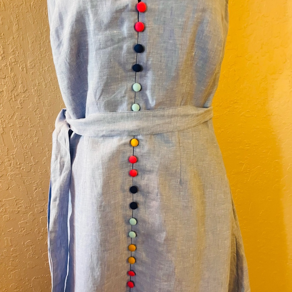 Boden Light Blue Linen Midi Dress with Multicolor Button Detail - Picture 2 of 12